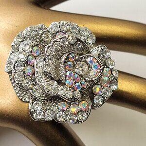 Statement Silver and Clear Rhinestone Ring with Adjustable Band